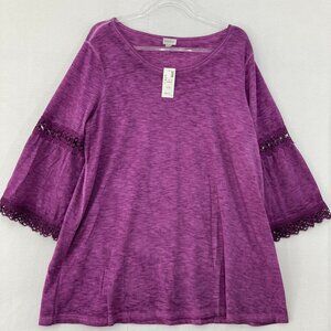 New Avenue Top size 14/16 Purple Stretch Knit Flare Sleeve Lace Boho Festival